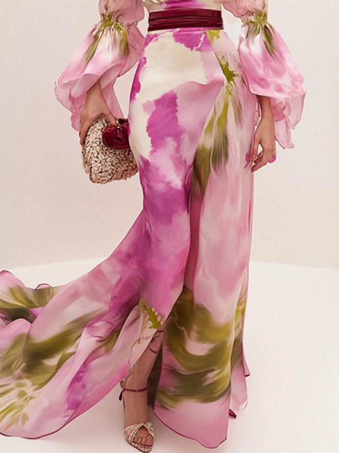 Elegant Ruffle Sleeve Printing V Neck Maxi Dress
