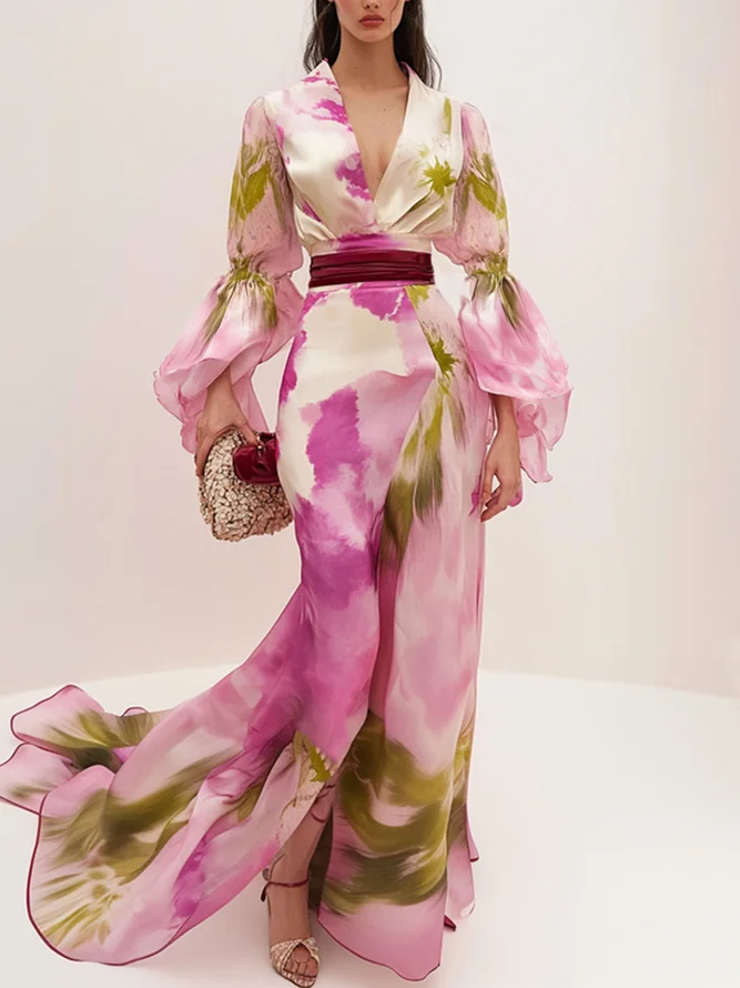 Elegant Ruffle Sleeve Printing V Neck Maxi Dress