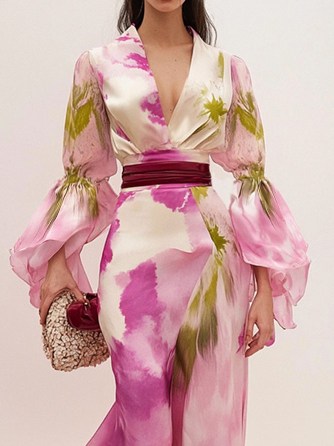 Elegant Ruffle Sleeve Printing V Neck Maxi Dress