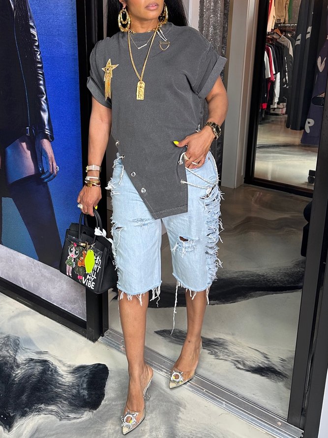 Plain Casual Denim Shorts