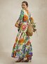 Floral Vacation V Neck Long Sleeve Maxi Dress With Belt