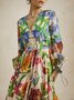 Floral Vacation V Neck Long Sleeve Maxi Dress With Belt