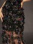 Elegant Ruched Cowl Neck Floral Textured Slit Midi Dress