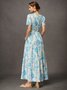 Vacation V-neck Floral Print Smocked Waist  Maxi Dress with Pocket