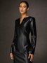 Regular Fit Medium Elasticity PU V Neck Long Sleeve Elegant Faux Leather Dress