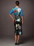 Urban Floral  Printing Crew Neck Midi Dress
