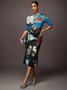 Urban Floral  Printing Crew Neck Midi Dress