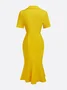 Elegant Plain Short Sleeve Buttoned Shawl Collar Midi Dress