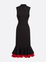 Elegant Color Block Split Joint Stand Collar Midi Dress