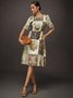 Casual Random Print Printing Crew Neck Knee Length Dress