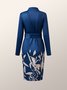 Elegant  Floral   Printed V Neck Long Sleeve Dres With Blet