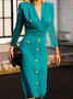 High Elasticity V Neck Long Sleeve Elegant Plain Regular Fit Sweater Midi Dress