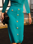 High Elasticity V Neck Long Sleeve Elegant Plain Regular Fit Sweater Midi Dress