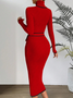 Color Block Tight Elegant Long Sleeve Sweater Midi Dress With Belt