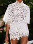 Loose Elegant Shirt Collar Sophisticated Lined Lace Blouse