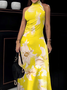 Urban Floral Off Shoulder Sleeve Printing Turtleneck Maxi Dress