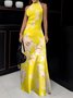 Urban Floral Off Shoulder Sleeve Printing Turtleneck Maxi Dress