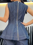 Urban Zipper Denim Sleeveless Top With Brooch