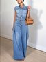 Casual Pockets Plain Shawl Collar Denim Jumpsuit