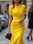 Elegant Plain Short Sleeve Buttoned Shawl Collar Midi Dress