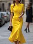 Elegant Plain Short Sleeve Buttoned Shawl Collar Midi Dress