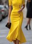 Elegant Plain Short Sleeve Buttoned Shawl Collar Midi Dress