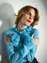 Plain 3D Floral Stand Collar Elegant Long Sleeve Blouse