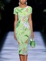 Elegant Floral Printing Crew Neck Knee Length Dress