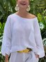 Linen Blend Casual Plain Split Joint Crew Neck Raglan Sleeves Blouse