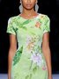 Elegant Floral Printing Crew Neck Knee Length Dress