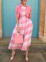 Casual Plaid Printing Raglan Sleeve Shirt Collar Midi Dress With Belt