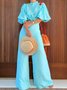 Cotton And Linen Casual Plain Ruched Stand Collar Balloon Sleeve Shirt