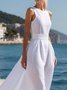 Linen Blend Vacation Plain Crew Neck Maxi Dress With Belt
