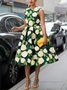 Elegant Floral Printing Crew Neck Midi Dress