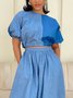 Casual Color Block Split Joint Crew Neck Balloon Sleeve Denim Top