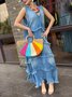 Casual Plain Peplum V Neck Denim Maxi Dress