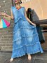 Casual Plain Peplum V Neck Denim Maxi Dress