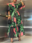 Vacation Floral Puff Sleeve Printing Maxi Dress With Belt