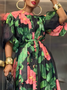 Vacation Floral Puff Sleeve Printing Maxi Dress With Belt