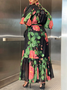 Vacation Floral Puff Sleeve Printing Maxi Dress With Belt