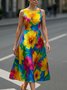 Elegant Floral Printing Crew Neck Midi Dress
