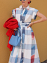 Casual Plaid Printing Shirt Collar Midi Dress With Belt