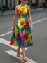 Elegant Floral Printing Crew Neck Midi Dress