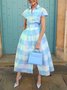 Casual Plaid Printing Raglan Sleeve Shirt Collar Midi Dress With Belt
