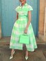 Casual Plaid Printing Raglan Sleeve Shirt Collar Midi Dress With Belt