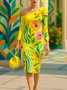 Elegant Floral Printing Asymmetrical Midi Dress With 3D Floral
