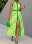 Urban Plaid Printing Shirt Collar Midi Dress With Belt