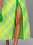 Urban Plaid Printing Shirt Collar Midi Dress With Belt