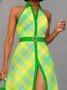 Urban Plaid Printing Shirt Collar Midi Dress With Belt