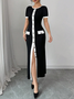 Elegant Color Block Buttoned Midi Dress